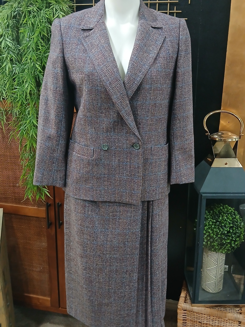 Womens Brown Plaid Double-Breasted Blazer and Skirt Set